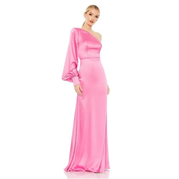 Mac Duggal Dresses & Skirts - FLAWED- NWT Mac Duggal One Shoulder Bishop Sleeve Trumpet Gown Candy Pink 6